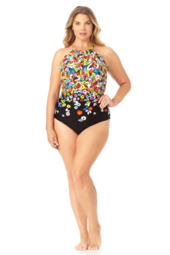 Anne Cole Plus - High Neck With Ruffle Straps One Piece Swimsuit -One-Pieces Store 22PO06469 MULT 1123