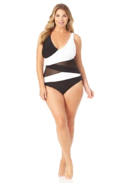 Anne Cole Plus - Mesh V Neck One Piece Swimsuit -One-Pieces Store 22PO07401 BKWH 118
