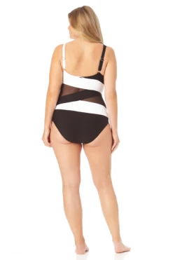 Anne Cole Plus - Mesh V Neck One Piece Swimsuit -One-Pieces Store 22PO07401 BKWH 141