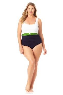 Anne Cole Plus - Belted Scoop Neck One Piece Swimsuit 10 Anne Cole Plus - Belted Scoop Neck One Piece Swimsuit -One-Pieces Store 22PO07701 NVCB 1973