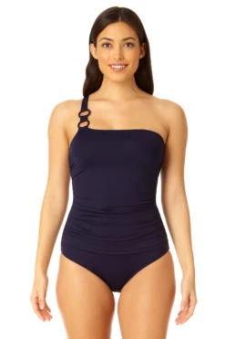 Anne Cole - Ring Strap Asymmetric One Piece Swimsuit 24 Anne Cole - Ring Strap Asymmetric One Piece Swimsuit -One-Pieces Store 23MO02701 NAVY 930 1