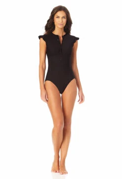Anne Cole - Women's Flutter Sleeve Zip Up Rash Guard One Piece Swimsuit 9 Anne Cole - Women's Flutter Sleeve Zip Up Rash Guard One Piece Swimsuit -One-Pieces Store 23MO07901 BLK 2378 1