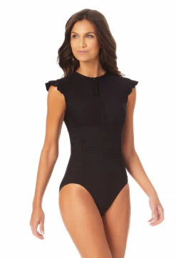 Anne Cole - Women's Flutter Sleeve Zip Up Rash Guard One Piece Swimsuit 11 Anne Cole - Women's Flutter Sleeve Zip Up Rash Guard One Piece Swimsuit -One-Pieces Store 23MO07901 BLK 2378 2 FRONT