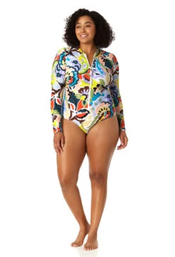 Anne Cole Plus - Women's Long Sleeve Front Zip Rash Guard Swimsuit -One-Pieces Store 23PO03061 MULT 1241