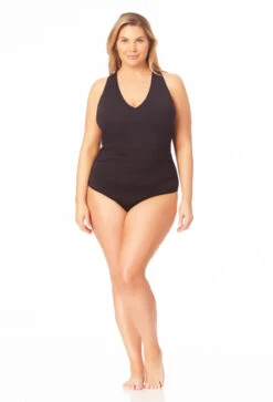 Anne Cole Plus - Women's V Neck Cross Back One Piece Swimsuit -One-Pieces Store 23PO09101 BLK 002