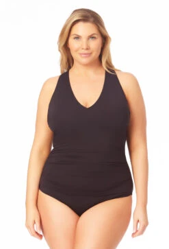 Anne Cole Plus - Women's V Neck Cross Back One Piece Swimsuit -One-Pieces Store 23PO09101 BLK 002 FRONT