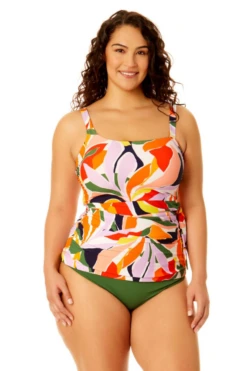 Anne Cole Plus - Women's Asymmetrical Side Tie Tankini Swim Top -One-Pieces Store 23PT25310 MULT MYPB36001 NAVY 695 1