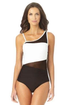 Anne Cole - Assymetrical Mesh One Piece Swimsuit -One-Pieces Store AnneCole AssymetricalMeshOnePieceSwimsuit 630 22MO07101 BKWH FRONT jpg