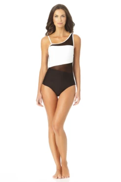 Anne Cole - Assymetrical Mesh One Piece Swimsuit -One-Pieces Store AnneCole AssymetricalMeshOnePieceSwimsuit 630 22MO07101 BKWH jpg