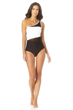 Anne Cole - Assymetrical Mesh One Piece Swimsuit -One-Pieces Store AnneCole AssymetricalMeshOnePieceSwimsuit 650 22MO07101 BKWH jpg