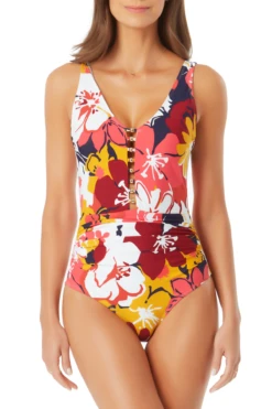 Anne Cole - Center Front Beaded Plunge One Piece Swimsuit