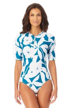 Anne Cole - Half Zip Front Rash Guard One Piece Swimsuit