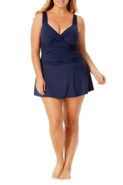 Anne Cole Plus - Twist Front Shirred Underwire Swim Dress -One-Pieces Store AnneCole Resort Plus Adjustable Side Slit Skirted Bottom 1862 21PD60601 NVY jpg