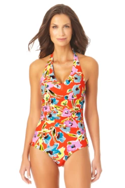 Anne Cole - Shirred Front Halter One Piece Swimsuit