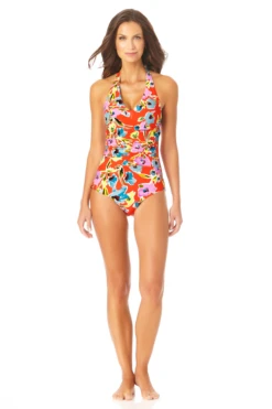 Anne Cole - Shirred Front Halter One Piece Swimsuit -One-Pieces Store AnneCole ShirredFrontHalterOnePieceSwimsuit 322 22MO07274 MULT jpg