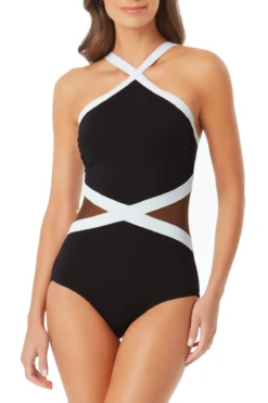 Anne Cole - Colorblock Mesh High Neck One Piece Swimsuit