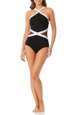 Anne Cole - Colorblock Mesh High Neck One Piece Swimsuit -One-Pieces Store anne cole hot mesh high neck mesh insert op front 1365 21MO02875