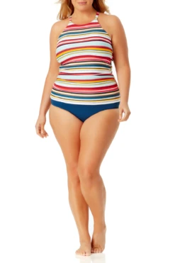 Anne Cole Plus - High Neck Tankini Top 13 Anne Cole Plus - High Neck Tankini Top -One-Pieces Store anne cole plus boardwalk stripe high neck tankini nvy front 321 21PT20606
