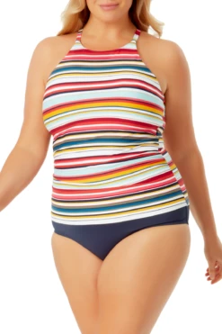 Anne Cole Plus - High Neck Tankini Top 10 Anne Cole Plus - High Neck Tankini Top -One-Pieces Store anne cole plus boardwalk stripe high neck tankini nvy front crop 300 21PT20606