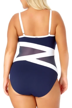 Anne Cole Plus - Colorblock Mesh One Piece Swimsuit -One-Pieces Store anne cole plus hot mesh asymetric mesh ots op navy crop 1037 21PO03975
