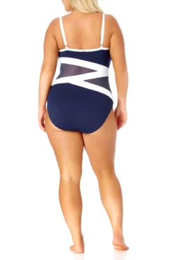 Anne Cole Plus - Colorblock Mesh One Piece Swimsuit -One-Pieces Store anne cole plus hot mesh asymetric mesh ots op navy front 1037 21PO03975