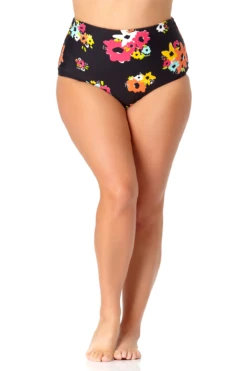 Anne Cole Plus - Convertible High Waist Shirred Swim Bottom -One-Pieces Store anne cole plus island bloom convertible shirred hi low bikini bottom front 067 21PB36027